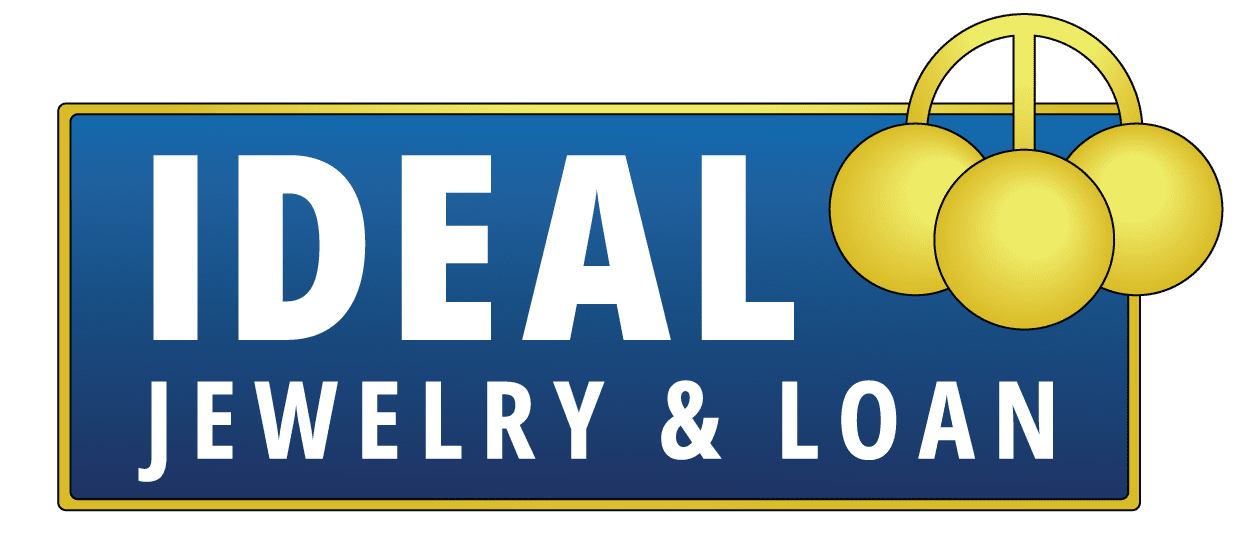 Ideal Jewelry & Loan company logo with three gold pawn balls and bold blue branding