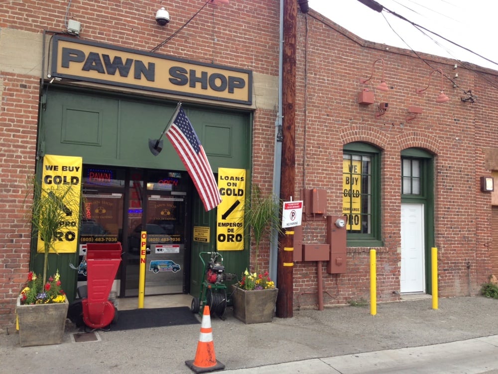 Illustration showing a pawnshop contrasted with other lending options like banks and credit cards