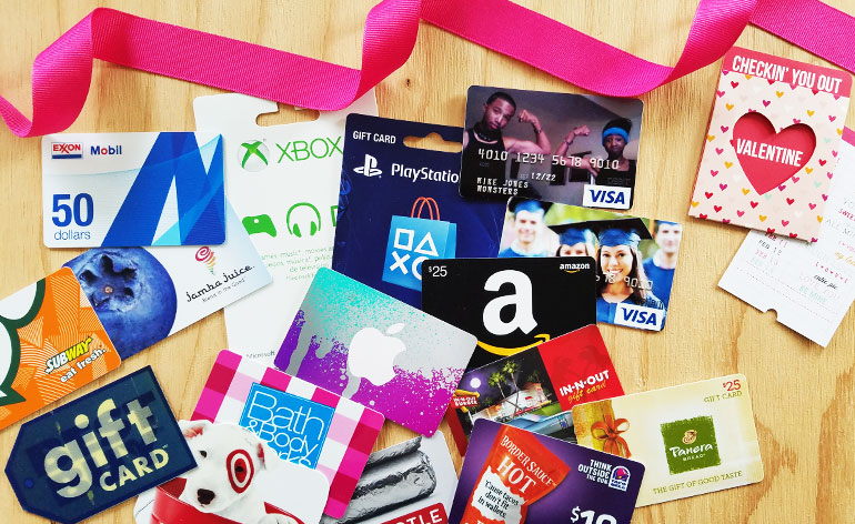 Assorted Valentine’s Day gift cards including Visa, Amazon, and Xbox