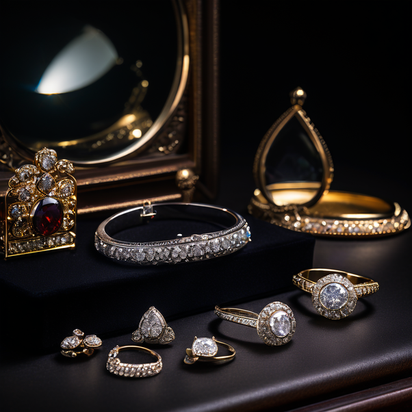 Diamond ring, gold bracelet, and retail gift cards on a pawnshop counter
