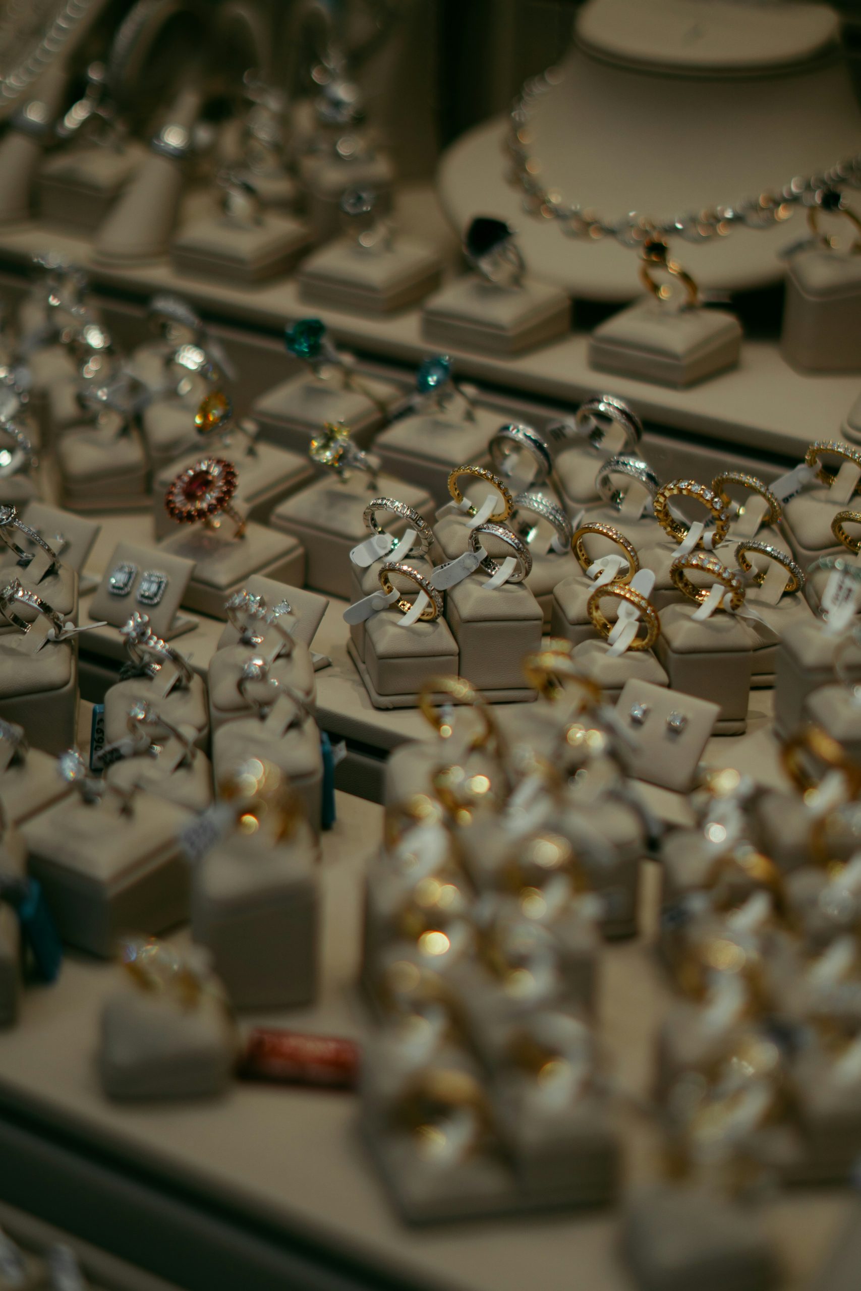 Display of gold and diamond rings in a pawn shop showcase