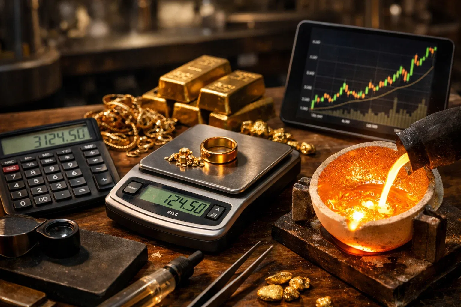 Melted 14K gold in a crucible beside gold jewelry, calculator, and scale calculating gold melt value per gram
