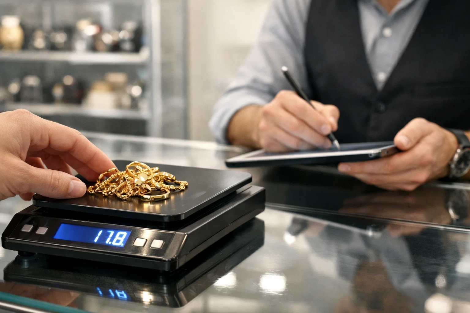 pawn shop testing and weighing 10K gold to determine per gram value